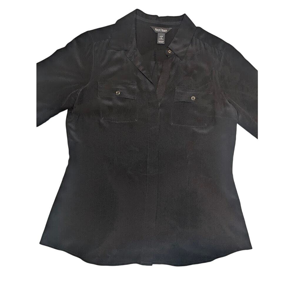 WHBM Black 100% Silk Button Down Long Sleeve Women's Blouse Top Size 6